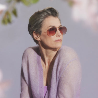 Helen wears the Corrigan Sun in Raspberry Mirror